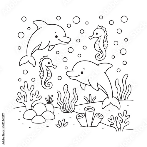 Delightful Underwater Scene with Dolphins Seahorses and Coral in Black and White