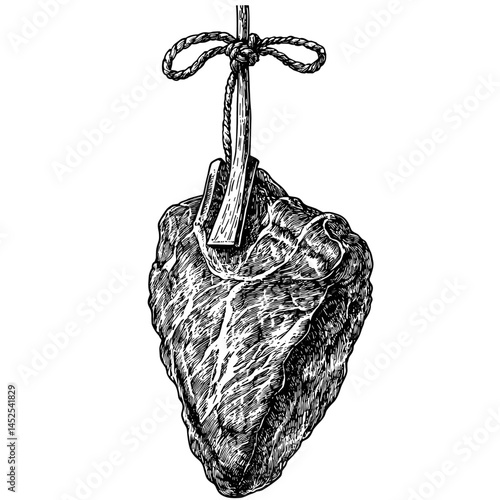 Vintage hanging beef shoulder, woodcut engraving style, black sketch, old meat illustration, isolated on white, butcher chart, retro anatomy drawing, meat cut diagram, steak cut chart,