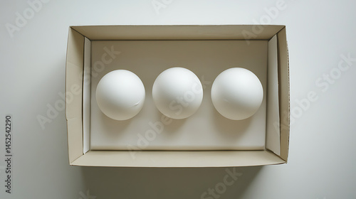 A top view of three white spheres aligned in a cardboard box on a white surface