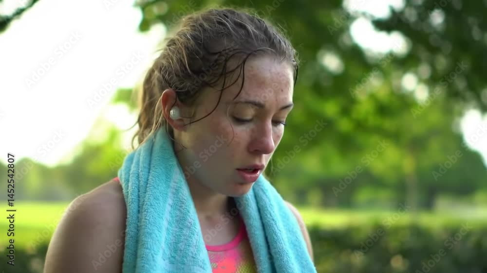 Woman with towel and water bottle after exercising Woman with towel and water bottle after exercising