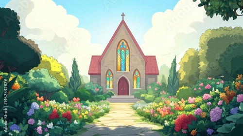 Charming church nestled in a vibrant garden.  Peaceful, colorful scene