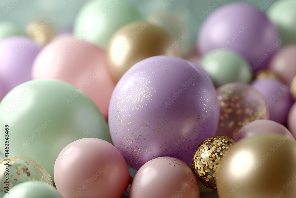 Close-up of pastel-colored balloons, some with gold glitter, creating a soft and festive mood, ideal for celebration or party themes Close-up of pastel-colored balloons, some with gold glitter, creating a soft and festive mood, ideal for celebration or party themes