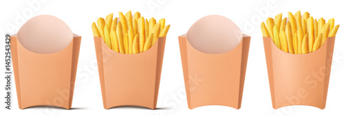 French fries in brown paper bag isolated on a white background. Delicious French potato fast food pack boxes. Empty And Full. Realistic 3d vector illustration.