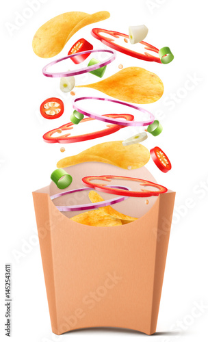 Potato chip. Tasty seasoned chips with onions, bell pepper and chili pepper rings, garlic and scallion falling in a kraft paper bag, isolated on white background. Realistic 3d vector illustration