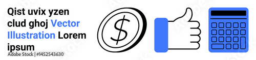 Dollar coin, thumbs-up gesture, and calculator in blue and black design suggesting financial approval, budgeting, and efficiency. Ideal for finance, business, accounting, investment success