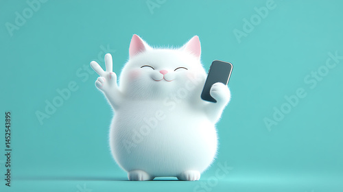 A fluffy white cat making a peace sign and holding a phone on a blue background