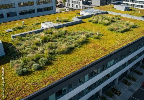 Aerial View of Green Rooftop on Modern Building