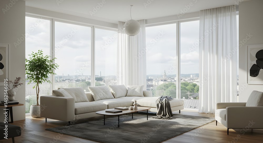 Fototapeta premium Modern Living Room With Panoramic City View And Minimalist Style