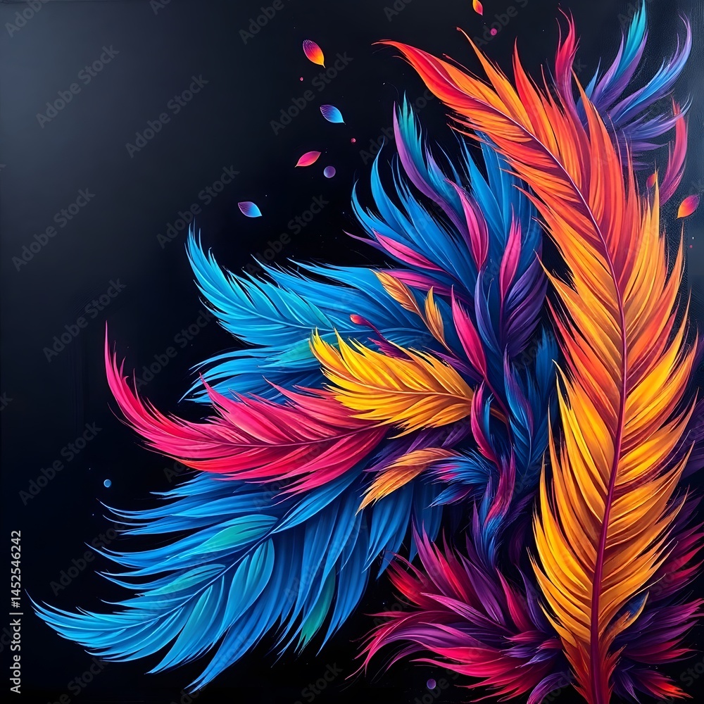 Abstract painting of colorful feathers on a dark background art illustration design Abstract painting of colorful feathers on a dark background art illustration design