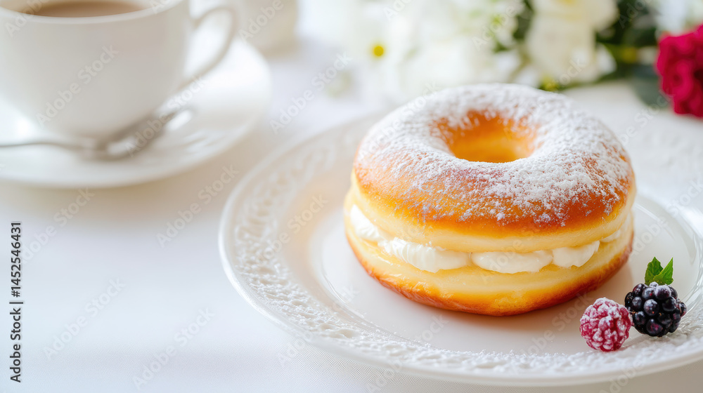 A beautiful donut with cream, dusted with powdered sugar, and fresh berries on a plate. Cream-filled donut dusted with powdered sugar sits on plate. Cup of coffee and berries complete inviting scene A beautiful donut with cream, dusted with powdered sugar, and fresh berries on a plate. Cream-filled donut dusted with powdered sugar sits on plate. Cup of coffee and berries complete inviting scene
