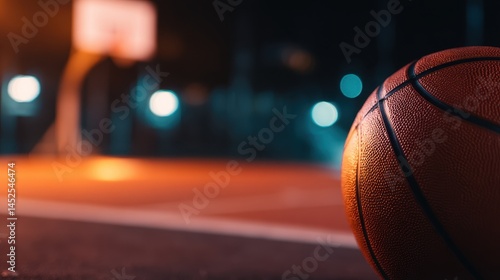 Close-up of a basketball on a court at night with blurred lights and a hoop in the background
