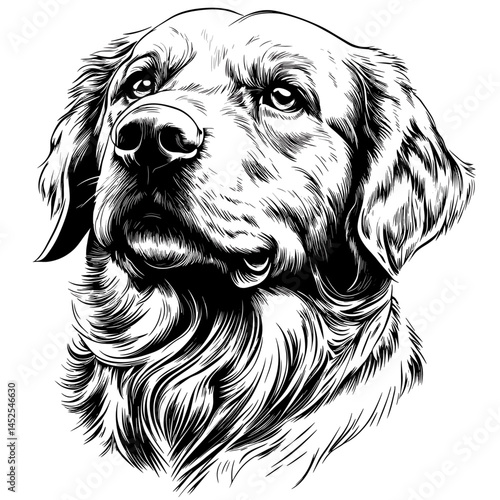 Golden retriever dog head sketch, vintage engraving style, black line art, retro woodcut illustration, antique animal drawing, classic pet portrait, rustic style artwork, detailed dog sketch