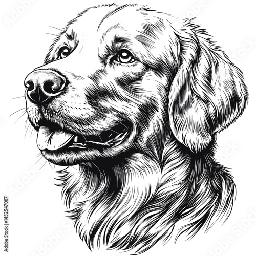 Woodcut golden retriever illustration, old engraving style, black sketch of dog head, traditional pet portrait, vintage animal artwork, retro etching line art, heritage style illustration