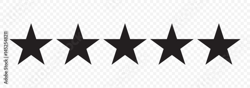 Five stars rating. Star icon. Feedback consumer or customer review evaluation banner, satisfaction level and critic icon concept. Vector illustration. Stars icon on Transparent Background. EPS 10.