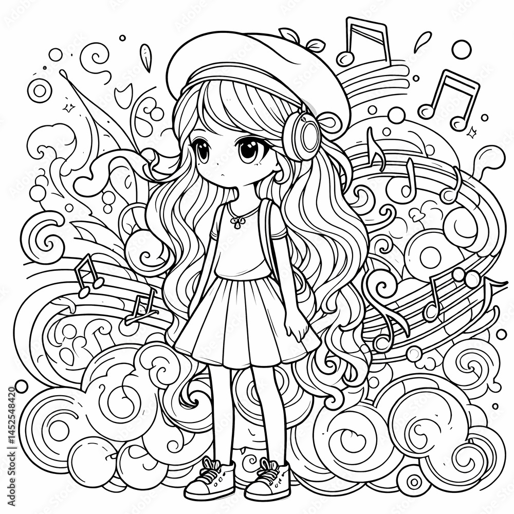 Cute Girl Coloring Page with Musical Notes and Swirls Cute Girl Coloring Page with Musical Notes and Swirls