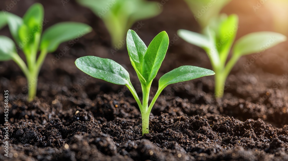 Fototapeta premium Fresh Green Seedling Growing in Dark Soil Under Bright Sunlight