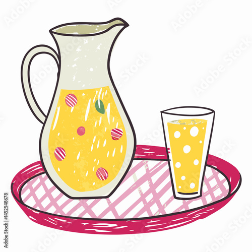 Colorful pitcher and glass of lemonade on a vibrant tray, representing summer refreshment and enjoyment in warm weather gatherings.