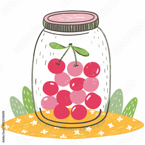 Colorful jar filled with cherries on a bright background representing summer freshness and homemade goodness in a whimsical style.