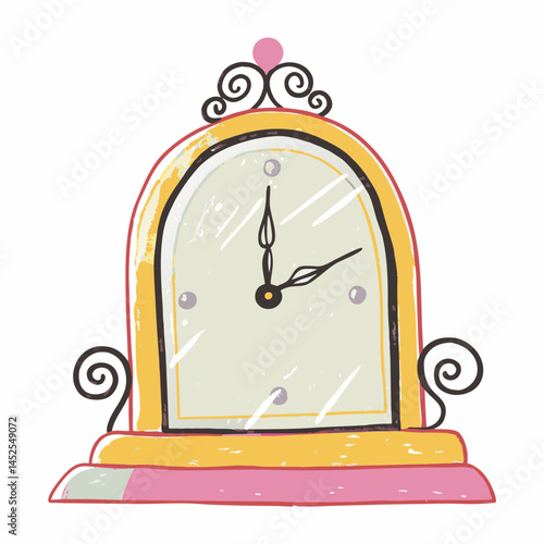 Vintage clock design with whimsical patterns in bright colors representing timekeeping and nostalgia