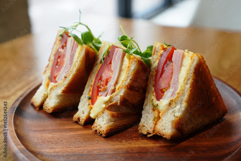 Three triangle sandwiches with ham cheese fresh tomato salad toasted bread on wooden board. Fast food lunch, healthy snack, home delivery, restaurant menu Three triangle sandwiches with ham cheese fresh tomato salad toasted bread on wooden board. Fast food lunch, healthy snack, home delivery, restaurant menu