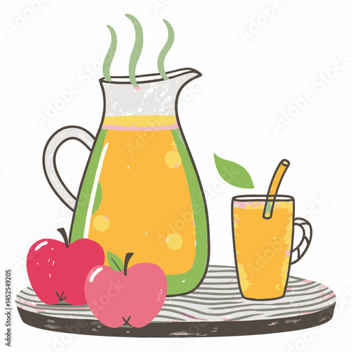 Freshly Brewed Apple Juice in a Pitcher with a Glass and Red Apples on a Wooden Board Representing Refreshment and Healthy Living