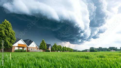 Dark Storm Clouds Over Green Fields and Houses Under Dramatic Sky
