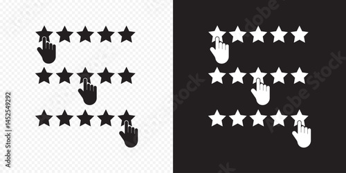Customer review rating with 5 stars and thumb up feedback. Five star rating badge, review rating icon on Black Background. EPS 10.