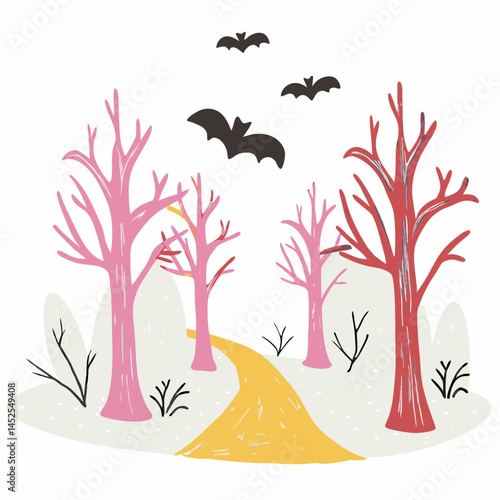 Colorful autumn trees along a winding path with bats flying overhead in a whimsical landscape, representing Halloween and seasonal change.