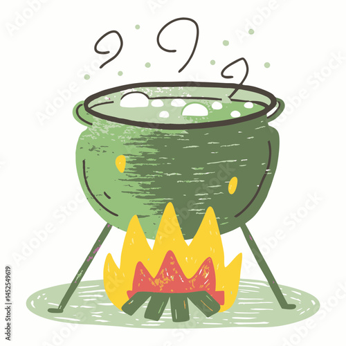 Cartoon cauldron bubbling with green liquid over a vibrant flame surrounded by whimsical smoke representing cooking, magic, and Halloween festivities.