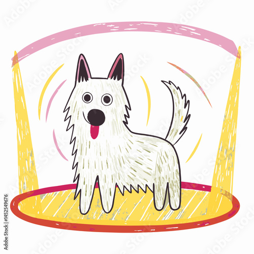 Cheerful dog wagging its tail in a colorful setting representing joy and playfulness for pet lovers.