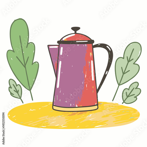 Vibrant Coffee Pot Surrounded by Leaves on Yellow Background Representing Cozy Mornings and Home Comfort