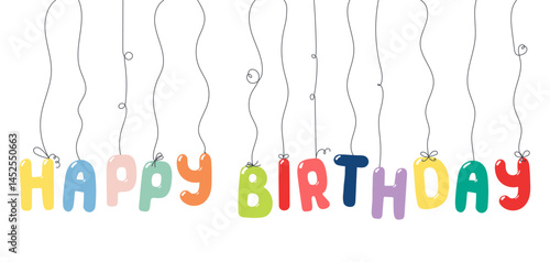Happy Birthday text, letter shaped balloons hanging, festive decorations, garland, isolated vector illustration on transparent. Holiday party, celebration, anniversary card, banner design element