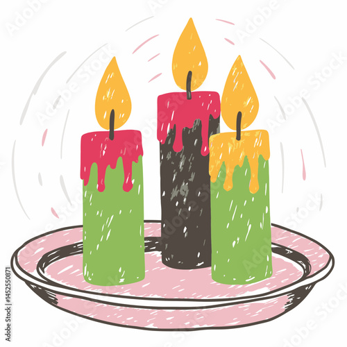 Colorful candles glowing cheerfully on a decorative plate representing warmth, celebration, and tranquility in a cozy atmosphere.
