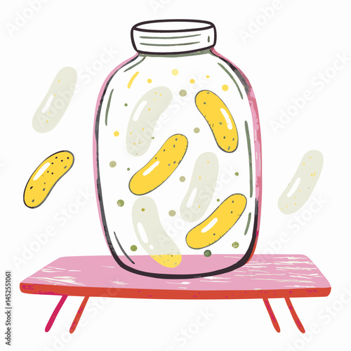 Colorful jar of pickles with vibrant cucumbers inside, displayed on a pink table, representing freshness and homemade preserves.
