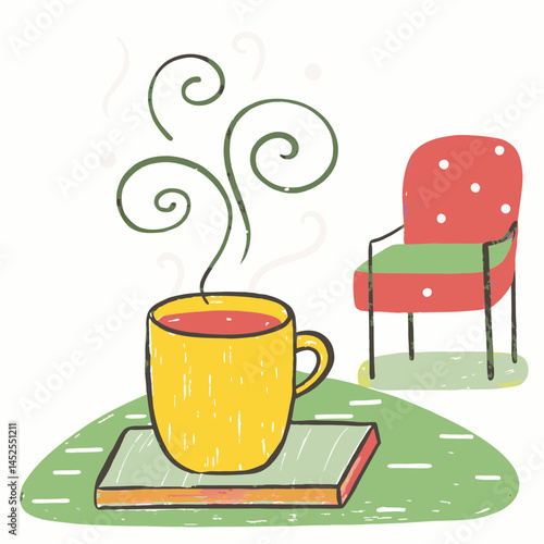 Yellow cup with steaming drink sits on a book next to a bright red chair in a cozy setting, representing warmth, comfort, and relaxation.