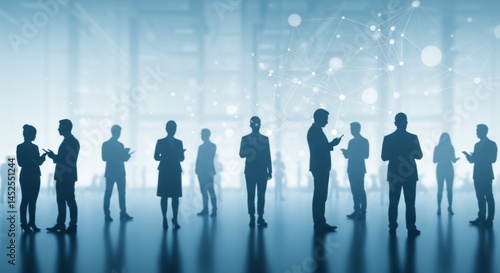 Silhouetted business professionals engaging in conversation against a soft background