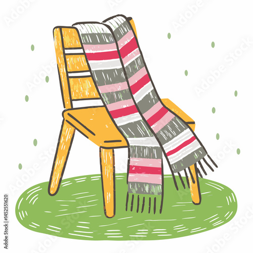 Cozy chair with a colorful scarf draped over it in a cheerful setting, symbolizing warmth and comfort during colder seasons.