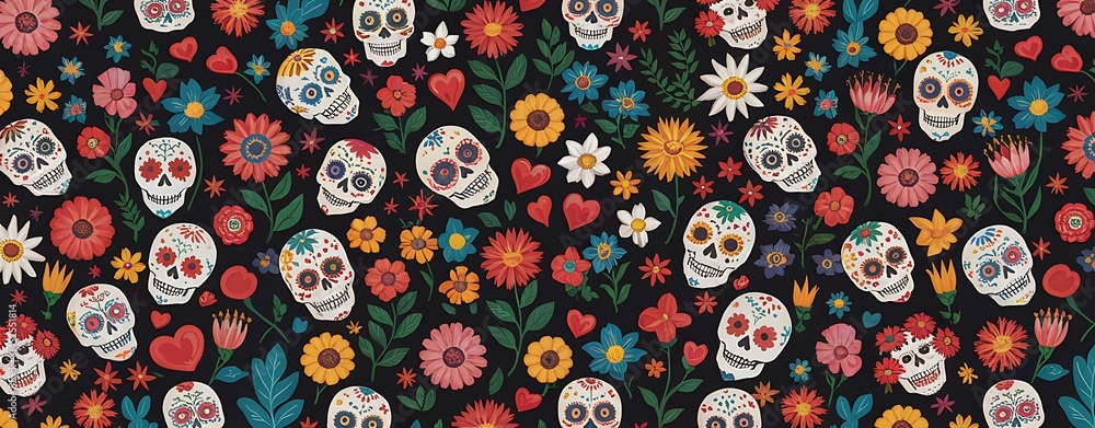 Colorful Day of the Dead Sugar Skulls Pattern with Traditional Mexican Floral Elements Vibrant Dia de los Muertos Seamless Print Featuring Calaveras Hearts and Festive Flowers on a Black Background Colorful Day of the Dead Sugar Skulls Pattern with Traditional Mexican Floral Elements Vibrant Dia de los Muertos Seamless Print Featuring Calaveras Hearts and Festive Flowers on a Black Background