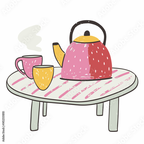 Charming tea kettle with steaming cups on striped table representing cozy moments and relaxation in a whimsical, artistic style.