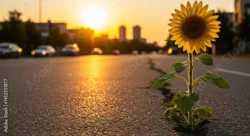 Vibrant sunflower growing through pavement at sunset with city backdrop