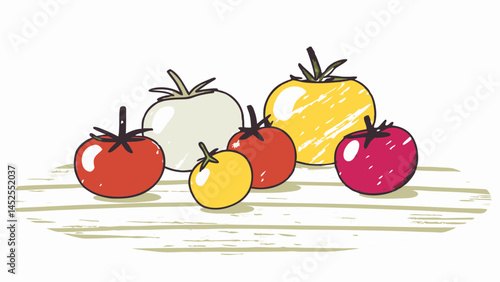 Colorful Assortment of Fresh Tomatoes Displaying Vibrancy on a Wooden Table Representing Healthy Eating and Fresh Produce