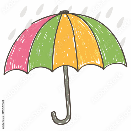Colorful umbrella sheltered from rain amidst droplets representing joy and protection in a playful, artistic style.