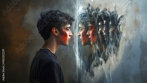 A young man looks at his distorted reflections, exploring themes of identity, perception, and mental states in a conceptual and artistic way.