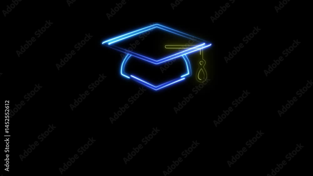Neon line Graduation a cap icon . Graduation cap icon , line icon animation , Graduation day, graduation cap and diploma line icon animation on black  background. 