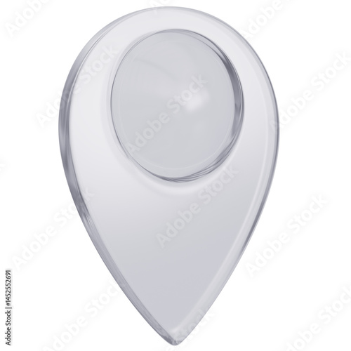 3D White glass Pointer Icon, with a sphere in the middle Location symbol isolated transparent background, Gps, travel, navigation, place position concept, 3d illustration