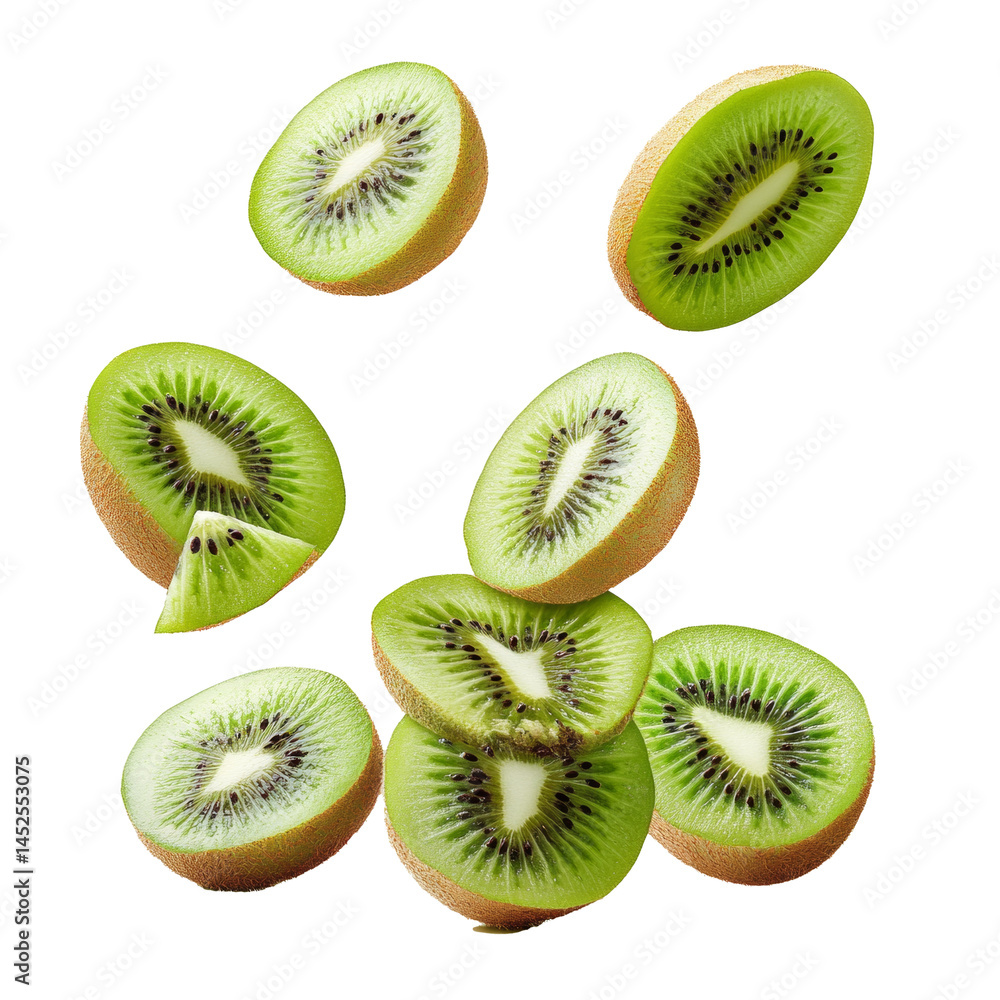 Fototapeta premium A dynamic composition featuring levitating slices of ripe, juicy kiwi in free fall, isolated on a transparent background