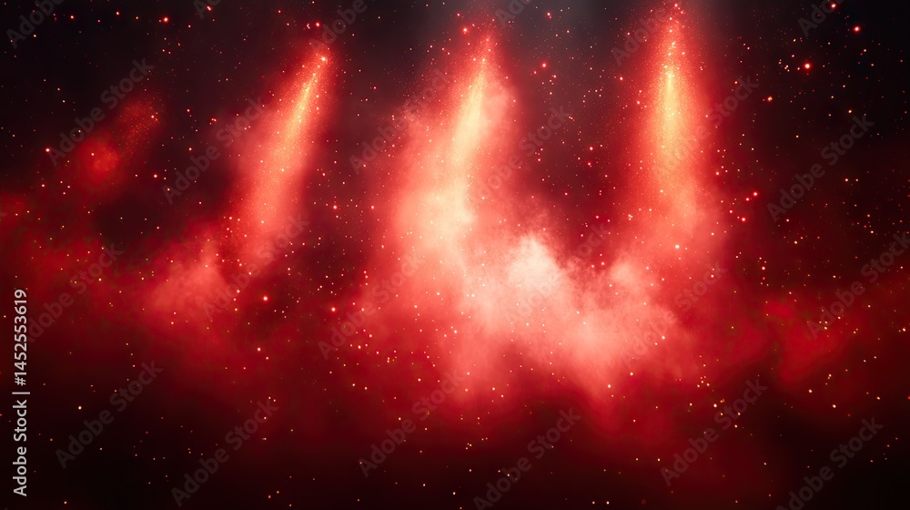 Fototapeta premium Three upward streams of glowing red light pierce through dense space dust, creating a celestial spectacle