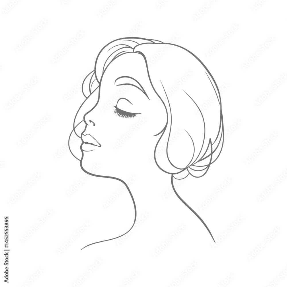 Woman's serene profile, line art illustration, grayscale, for wellness branding Woman's serene profile, line art illustration, grayscale, for wellness branding