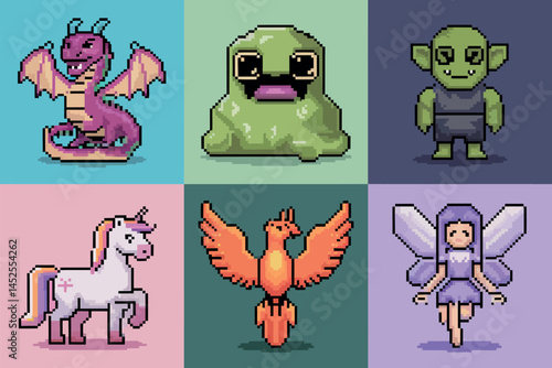 A set of six pixel art fantasy creatures, including a dragon, slime, goblin, unicorn, phoenix, and fairy.