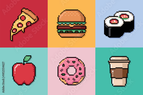 A set of pixel art icons showcasing various food items, including pizza, burger, sushi, apple, donut, and coffee.